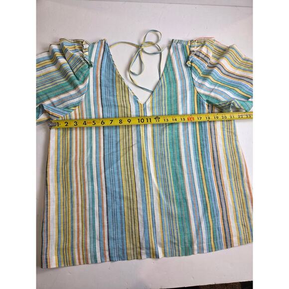 Ann Taylor Linen Blend V Neck Grren Blue Striped Blouse Top Ruffles Large - Picture 3 of 6